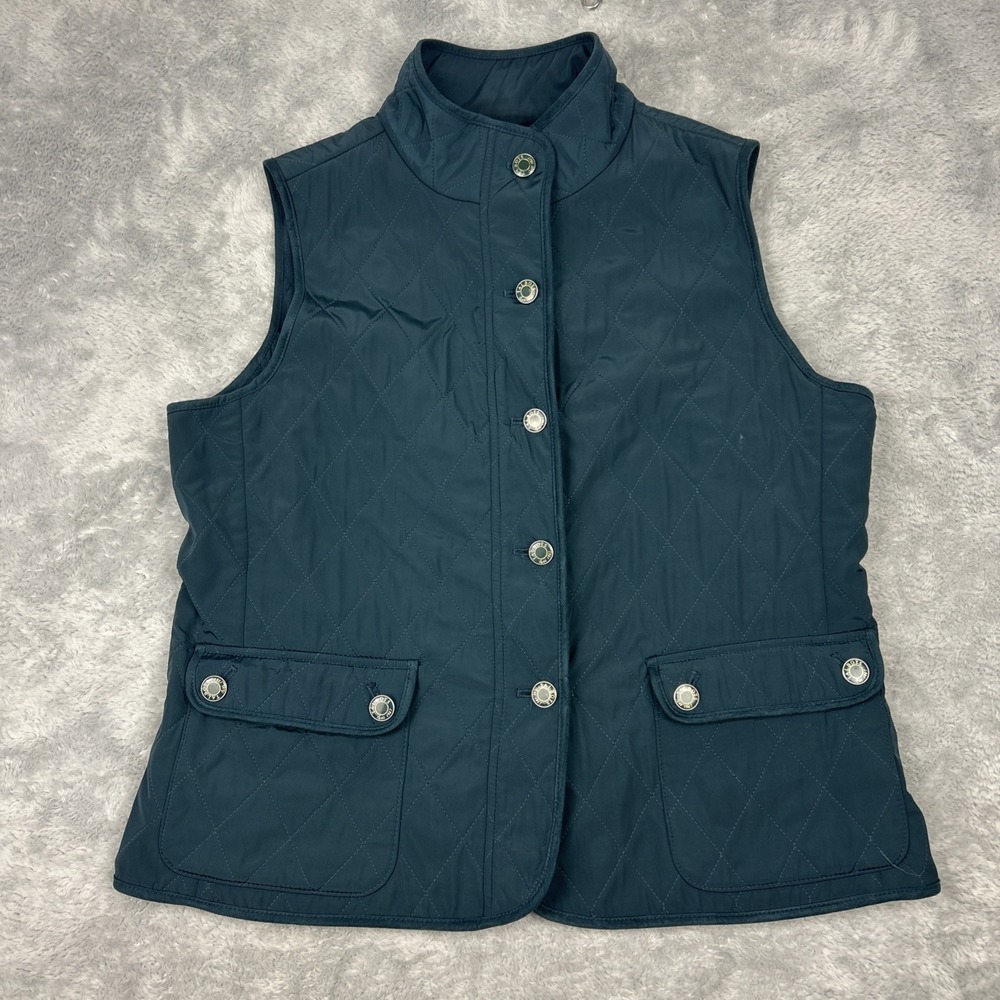 Talbots Vest Womens Petite Large Blue Green Quilted Button Up Utility Safari